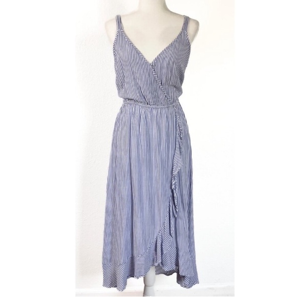 Naif White Blue Striped Midi Long Dress Spaghetti Strap Faux Wrap Size Large - Picture 1 of 10